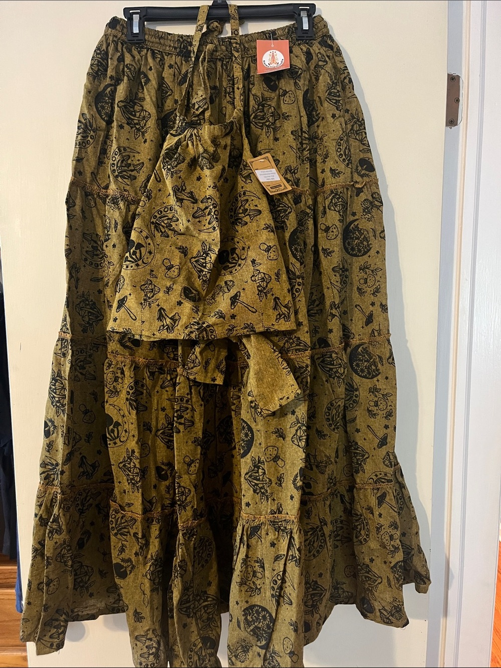 Printed Olive Green/Mustard Tiered Maxi Skirt with Tie Waist and Halter Top